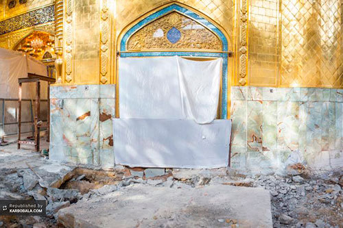 زیباسازی ایوان حرم مطهر حضرت ابالفضل (ع) با سنگ‌ مرمر / گزارش تصویری